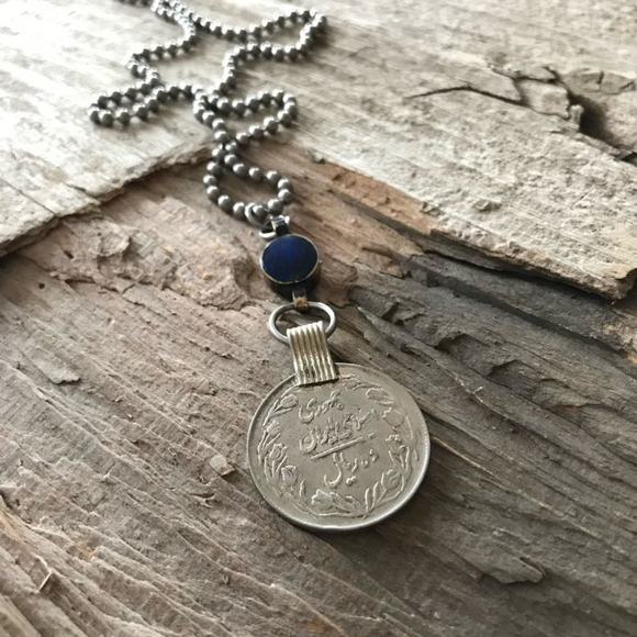 Rustic Lapis Lazuli Ethnic Coin Charm Necklace - 30 Inch Chain - Picture 5 of 12